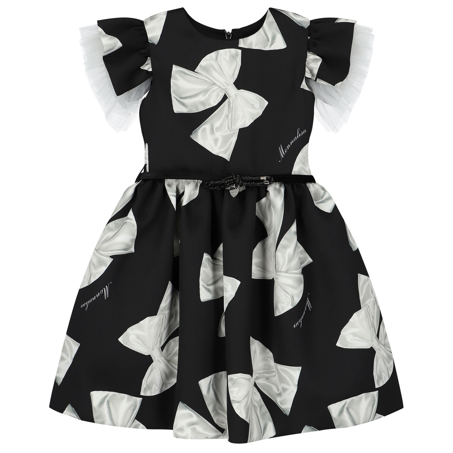 Girls Black Satin Bow Dress, 2, hi-res